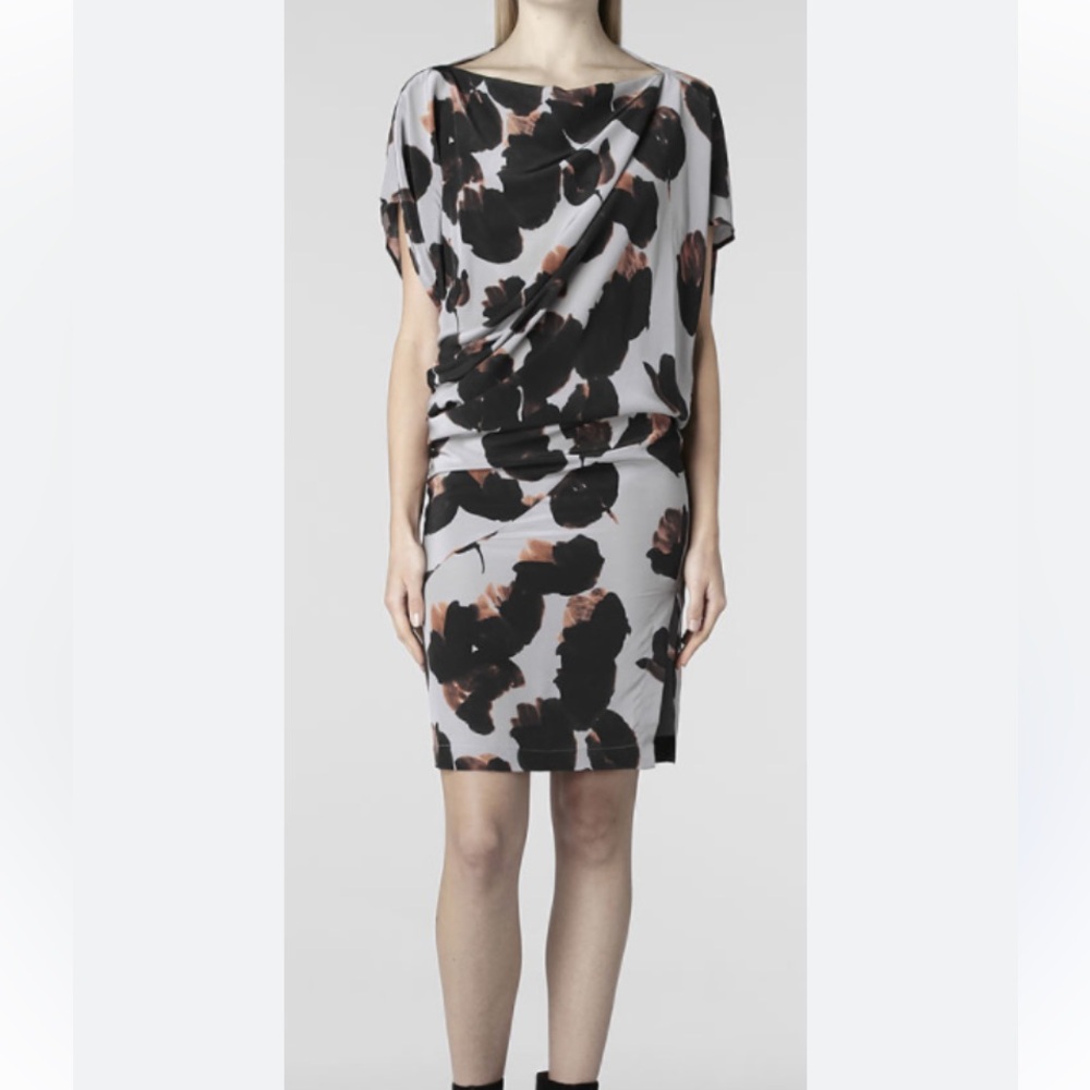 AllSaints Dissolve Pia Silk Dress Blouson Bodycon Dress-Grey Floral-Size 2